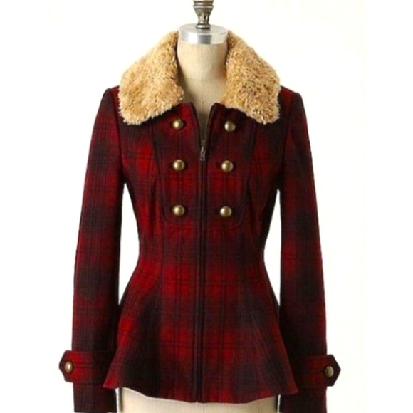 Anthro Elevenses Wanigan Plaid Pea Coat 6 - Picture 1 of 10